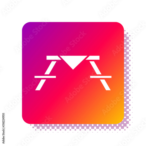 White Picnic table with benches on either side of the table icon isolated on white background. Square color button. Vector Illustration
