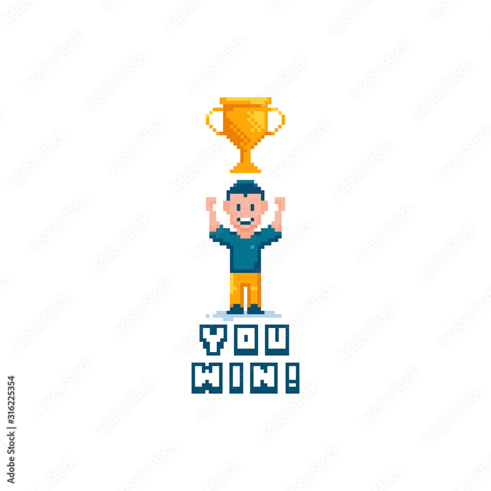 Pixel art character winner stands with a golden goblet cup. Arcade game winner. Isolated on a white background. Vector illustration.