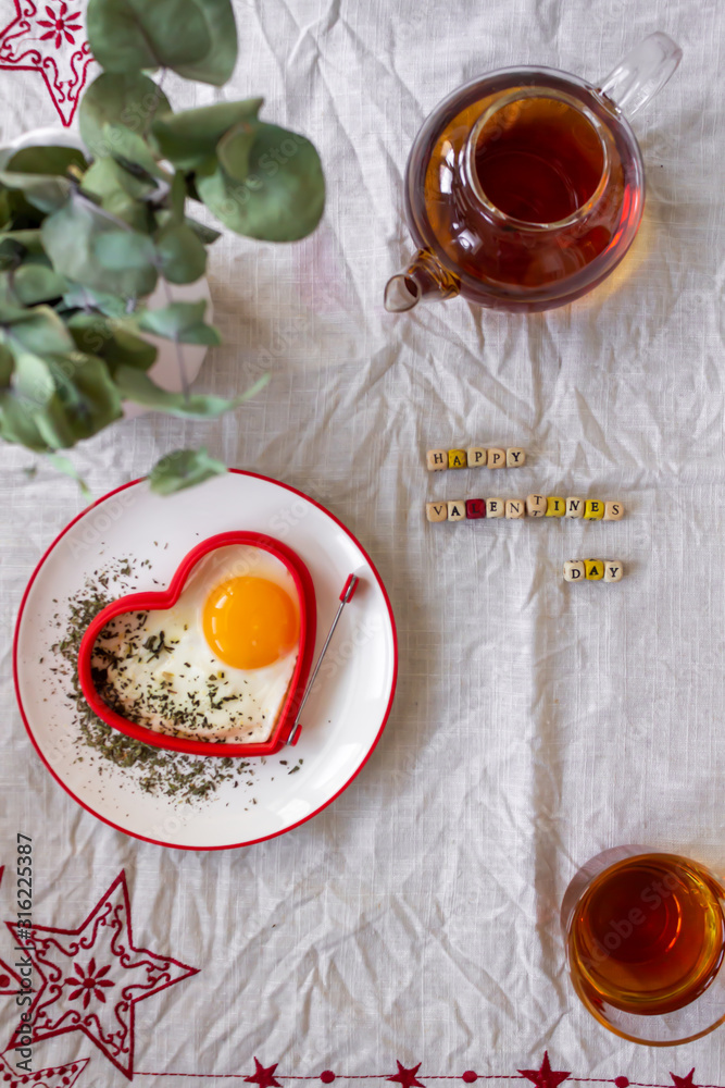 Breakfast Fried Eggs and Tea on Valentines Day