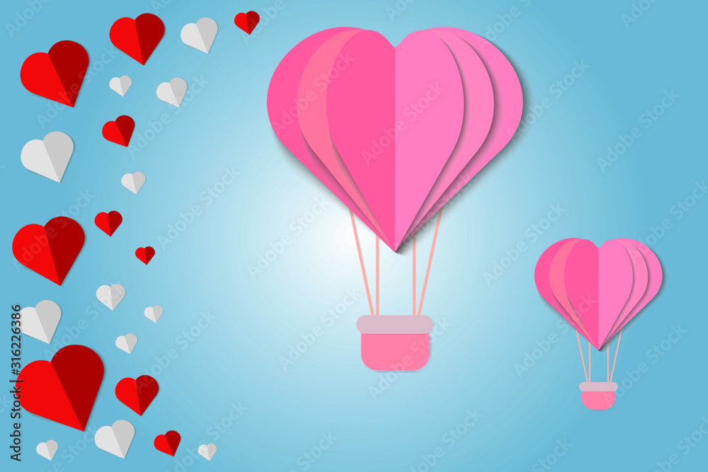 Valentines day vector design with paper cut pink heart shaped air balloons flying in background. Vector illustration.
