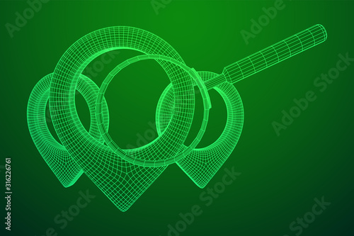 Location pin geo mark icon for travel with magnifying glass. Search path navigator concept. Wireframe low poly mesh vector illustration