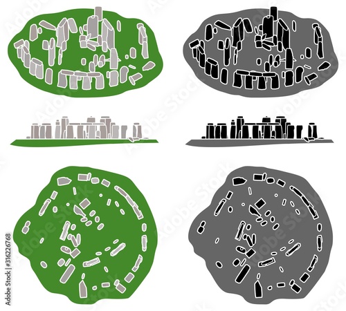 Stonehenge ruins in multiple views without outline