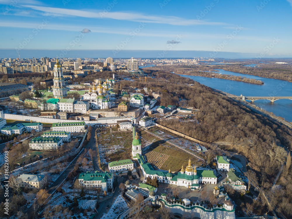 Aerial drone view. Kiev-Pechersk Lavra in late autumn