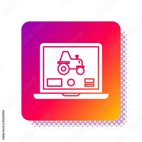 White Laptop application for control a autonomous tractor on a smart farm icon isolated on white background. Smart agriculture implement. Square color button. Vector Illustration