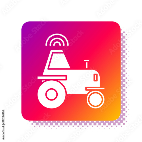 White Self driving wireless tractor on a smart farm icon isolated on white background. Smart agriculture implement element. Square color button. Vector Illustration