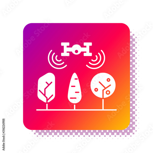 White Smart farm with drone control and tree icon isolated on white background. Innovation technology for agricultural company. Square color button. Vector Illustration