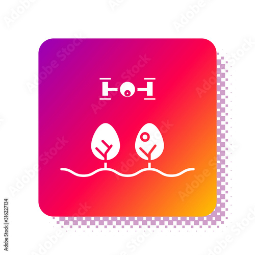 White Smart farm with drone control and tree icon isolated on white background. Innovation technology for agricultural company. Square color button. Vector Illustration