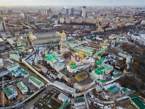 Aerial drone view. Kiev Pechersk Lavra in the sunset. © Sergey