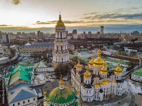 Aerial drone view. Kiev Pechersk Lavra in the sunset. photo