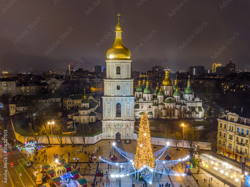 Aerial drone view. St. Sophia Church in Kiev at night
