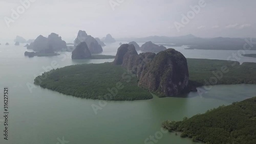 Phang Nga bay during sunset in Thailand near Phuket by bird view