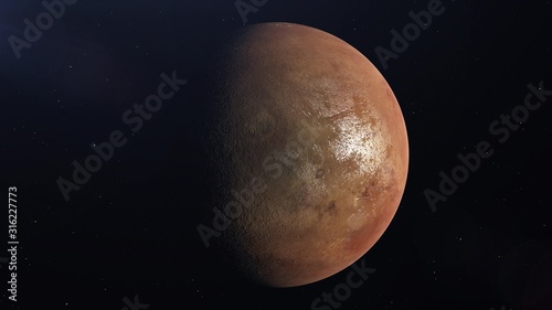Planet Mars. View from space. A large surface of Planet is illuminated by the sun. 3d rendering
