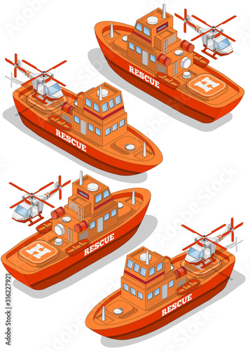 Rescue boat. Isometric. Isolated on white background. Vector illustration.