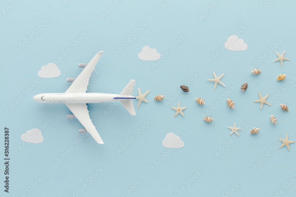 Fototapeta White top view Airplane . Airplane shell clouds blue cloud sky background with copy space for your text. Flat lay.