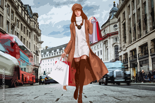 Stylish woman with shopping bags on London street