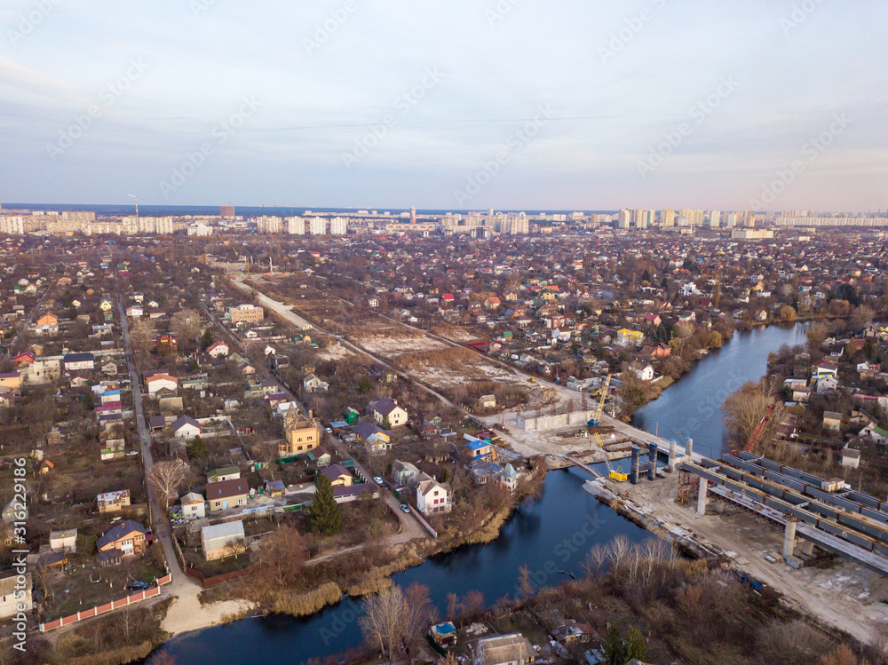 Fototapeta premium Aerial drone view. The bridge under construction in Kiev.
