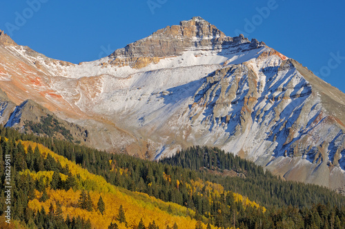 Autumn landscape, San Juan Mountains with conifers and aspens, Colorado, USA