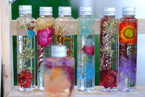 glass jars of jam flowers bottle perfume aromatherapy