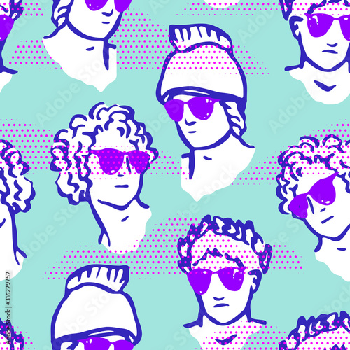 Vector seamless pattern with ancient greek statues in bright graphic style. Vaporwave hand drawn design.