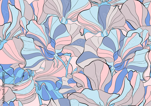 Delicate colors of a seamless pattern of a sweet pea blossom. Blue, violet, pink and black.
