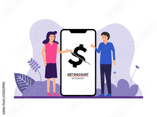 Salesgirl promote a special discount up to 70%. A man interested in special offers and agree with her. Flat cartoon vector illustration