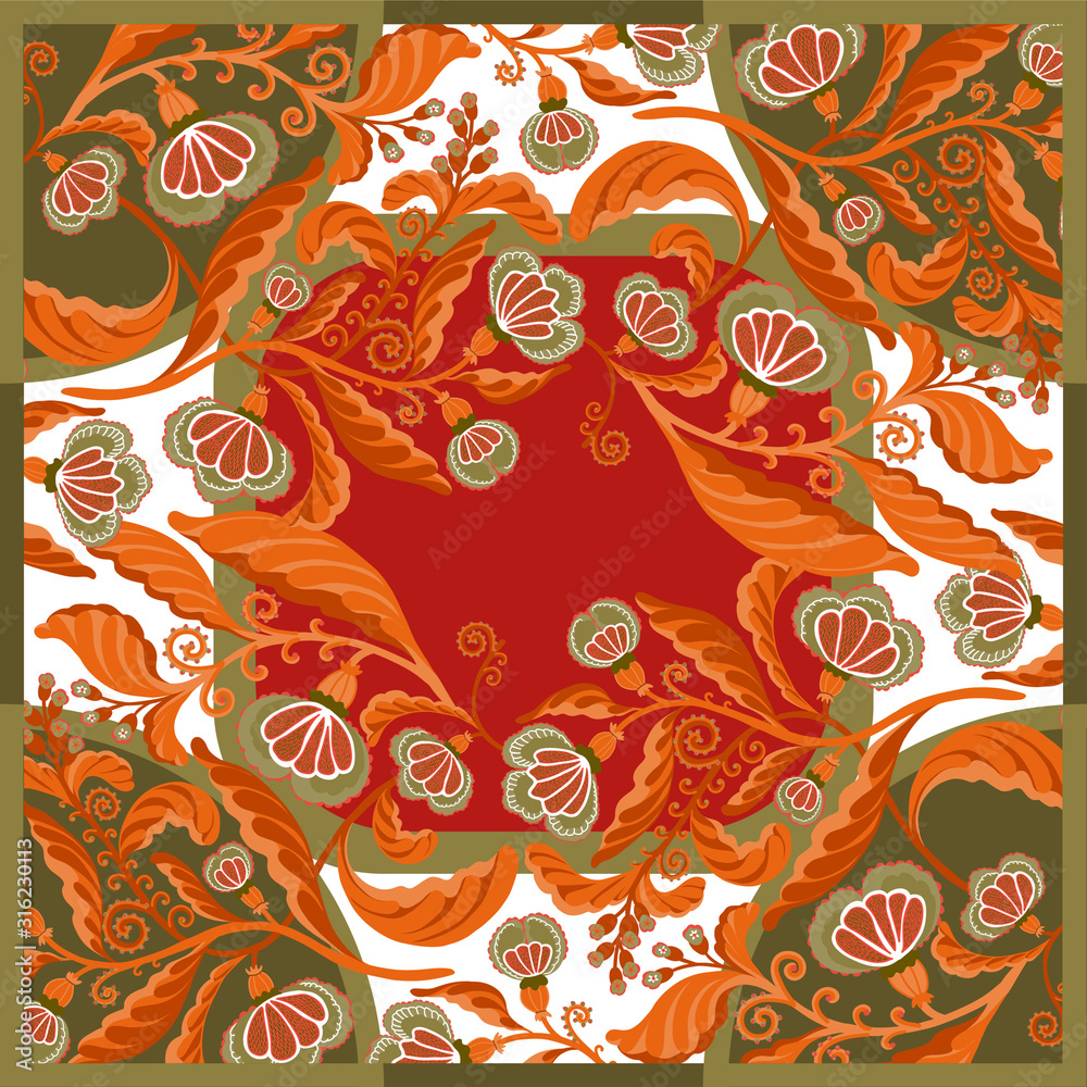 Silk scarf with abstract flowers vector pattern with hand drawn floral elements.