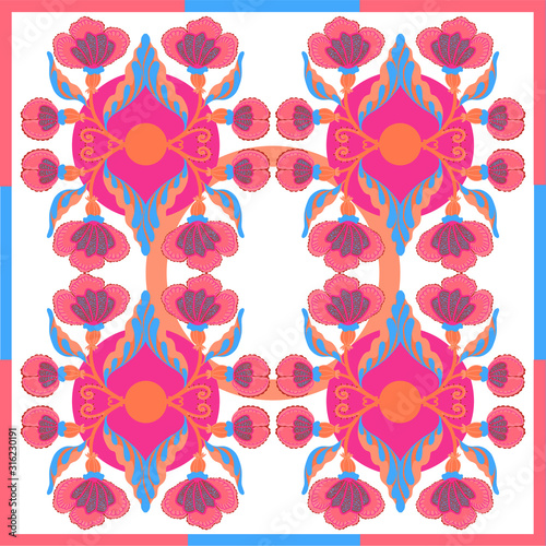 Silk scarf with abstract flowers vector pattern with hand drawn floral elements.