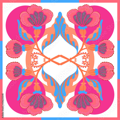 Silk scarf with abstract flowers vector pattern with hand drawn floral elements.