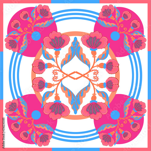 Silk scarf with abstract flowers vector pattern with hand drawn floral elements.