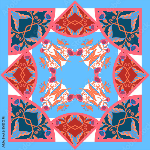 Silk scarf with abstract flowers vector pattern with hand drawn floral elements.