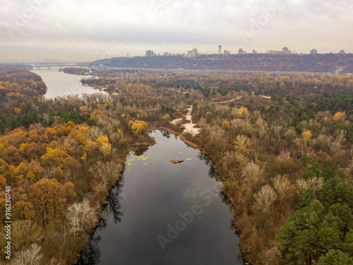 Aerial drone view. View of the Dnieper River in Kiev in the fall.
