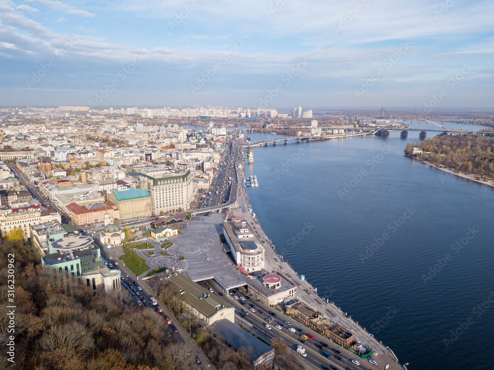 Aerial drone view of Dnieper river in Kiev