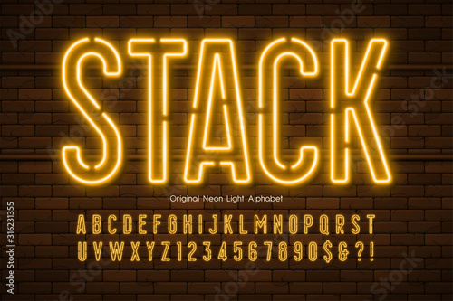 Neon light 3d alphabet, extra glowing modern type.