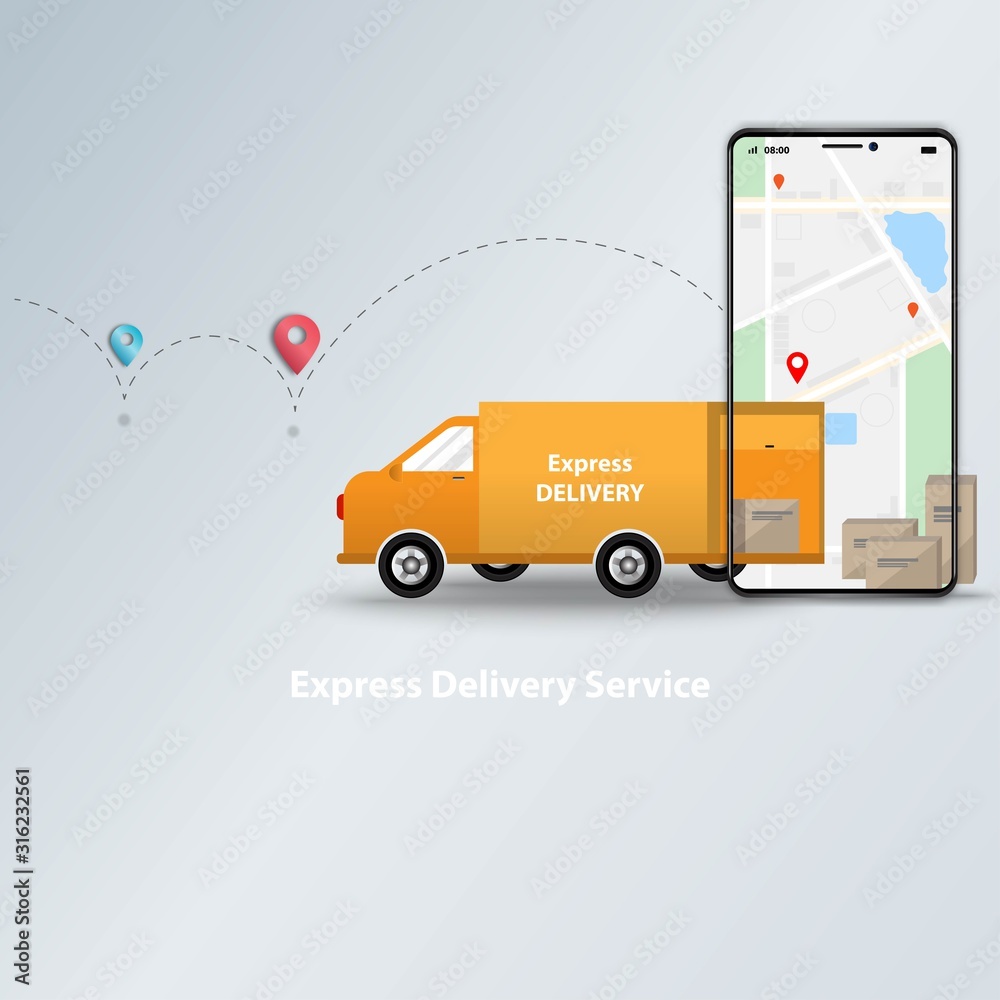 Illustrazione Stock Express delivery service app and online order tracking  on mobile concept. Logistic of delivery van and mobile phone with map in  the background of route of shipment in gray color.