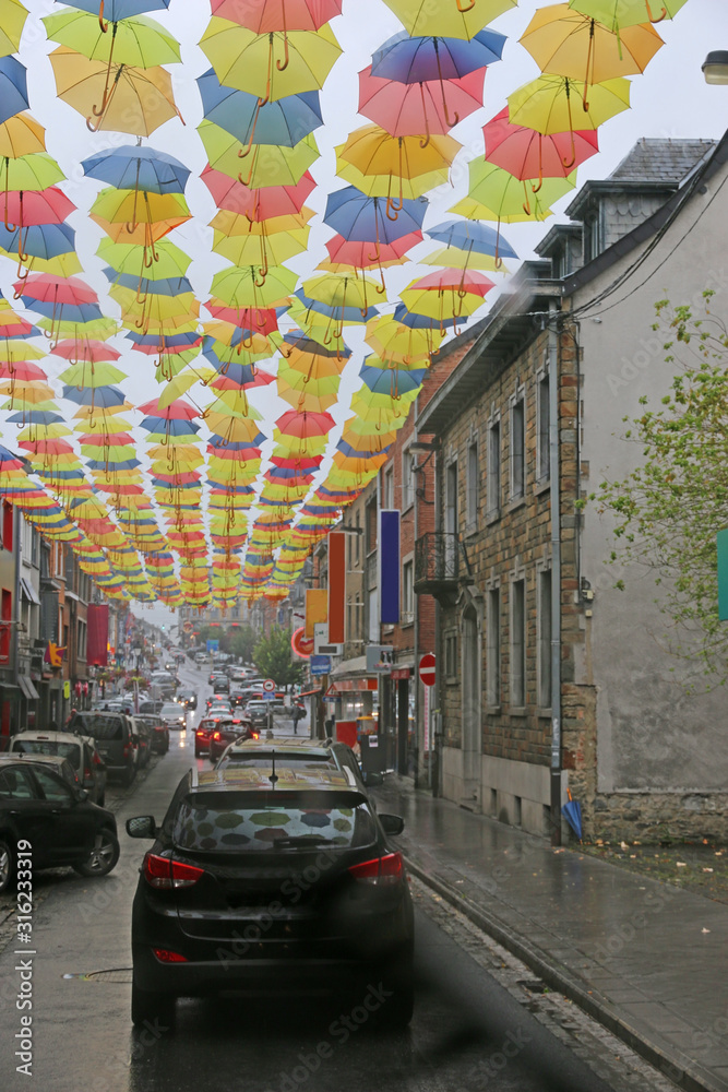 Fototapeta premium Umbrellas as a street decoration in Bastogne, Belgium 
