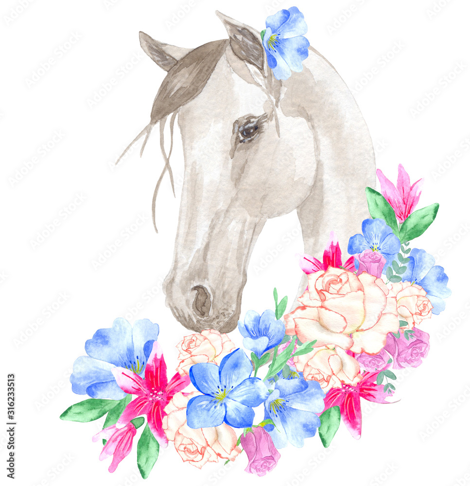 Obraz Watercolor portrait of a white horse in a bouquet of flowers. Ideal for designing cards, invitations, textiles, photo albums, souvenirs and much more.
