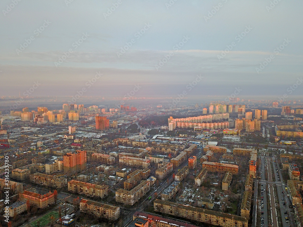 Aerial drone view. Residential area of Kiev in the sunset.