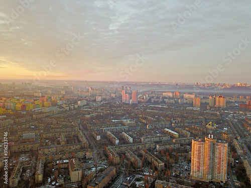 Aerial drone view. Residential area of Kiev in the sunset.