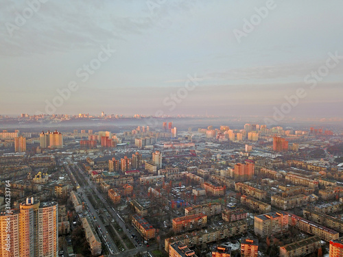 Aerial drone view. Residential area of Kiev in the sunset.