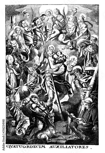 Antique vintage religious allegorical engraving or drawing of man surrounded by saints and patrons. Latin text say fourteen helpers.Illustration from Book Die Betrubte Und noch Ihrem Beliebten