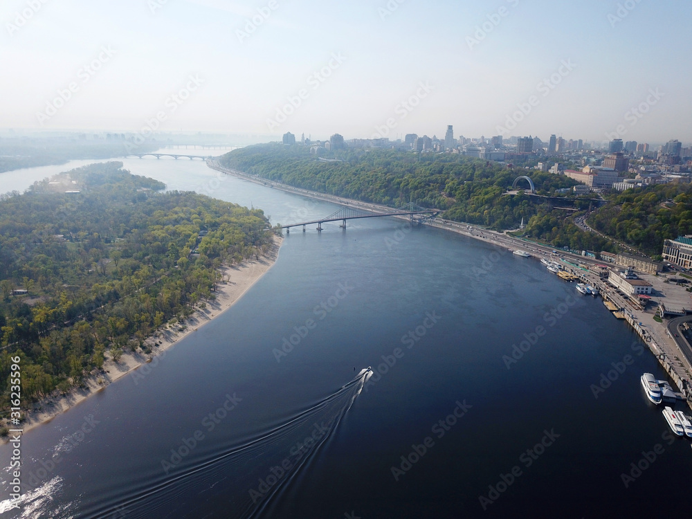 Aerial drone view. Dnieper River in Kiev