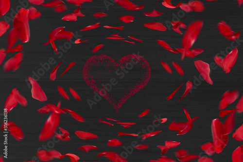 Red roses and red heart on black wood decoration. Valentine background.