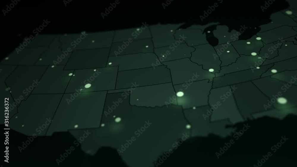 Cinematic United States Map with flickering lights. Night view military scientific map rotates. Animated moving map with close-ups