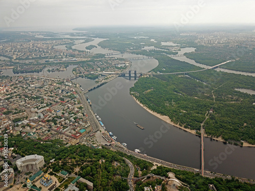 Aerial drone flight over Kyiv city