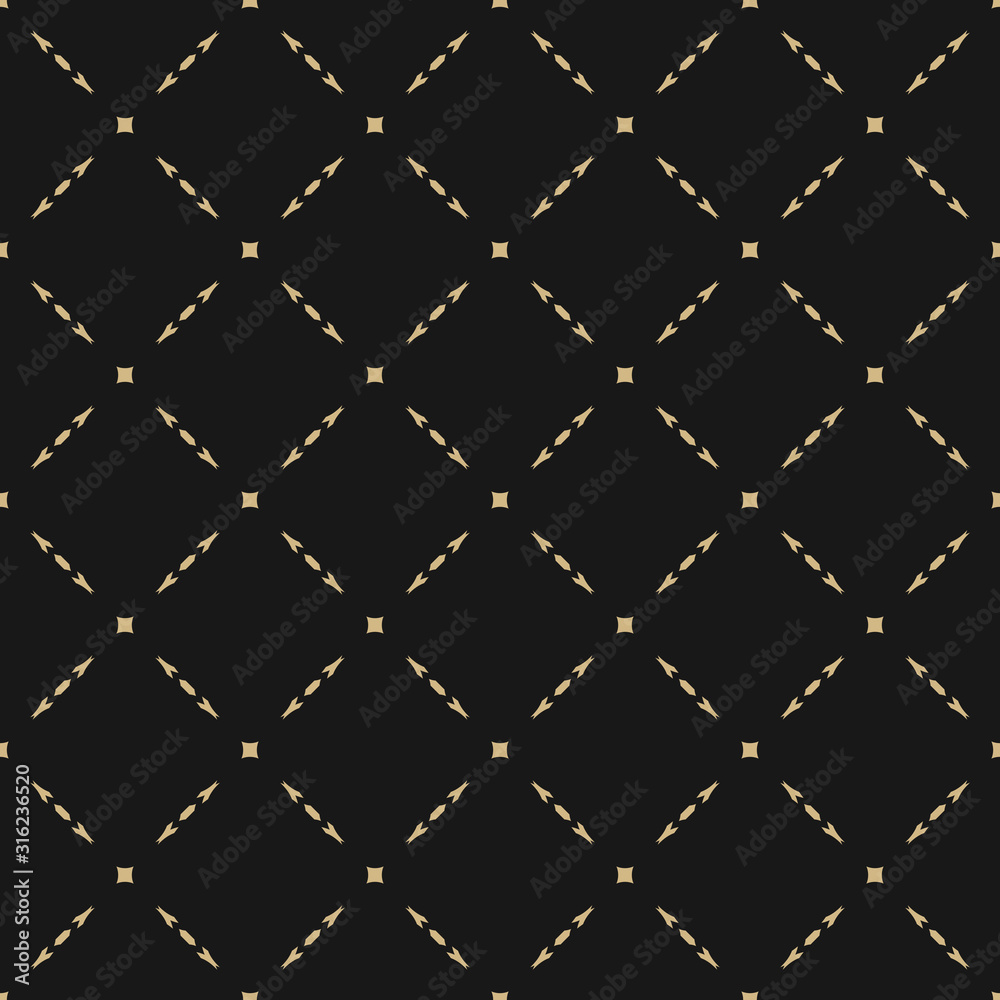 Golden abstract geometric seamless pattern in oriental style. Luxury vector background. Simple graphic ornament. Black and gold texture with squares, diamond shapes, grid, lattice, net, repeat tiles Golden abstract geometric seamless pattern in oriental style. Luxury vector background. Simple graphic ornament. Black and gold texture with squares, diamond shapes, grid, lattice, net, repeat tiles