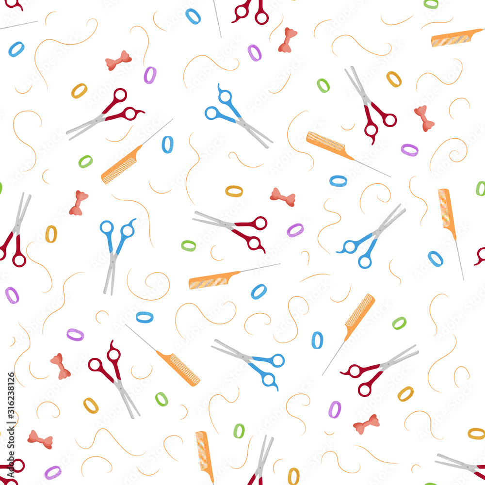 Seamless pattern with women hair salon tools, colored scissors and combs.  Barbershop design. Vector illustration for hair and beauty salon, styling  shop. Banner and poster design. Decorative wallpaper Stock Vector | Adobe