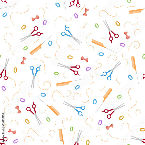 Seamless pattern with women hair salon tools, colored scissors and combs. Barbershop design. Vector illustration for hair and beauty salon, styling shop. Banner and poster design. Decorative wallpaper