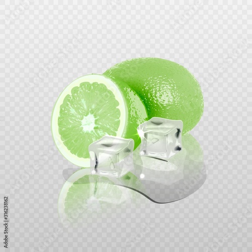 3D realistic transparent vector ice and lime cubes