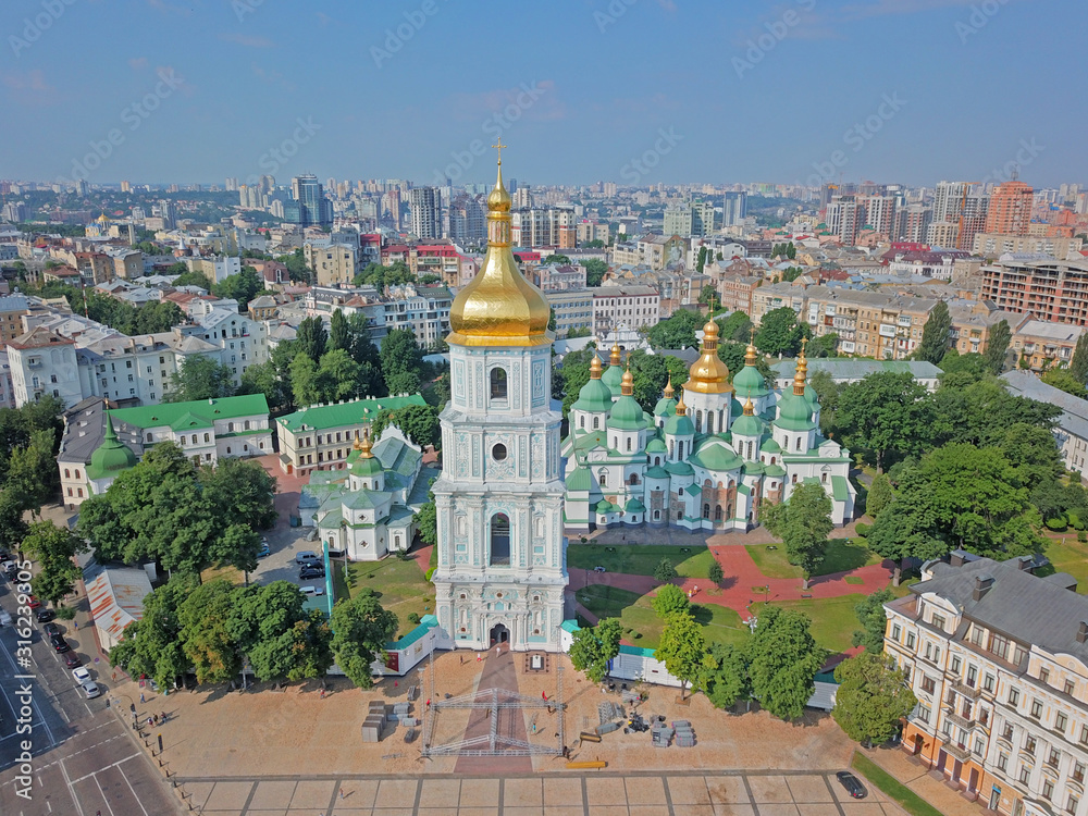 Aerial drone view. St. Sophia Church in Kyiv on a clear day.