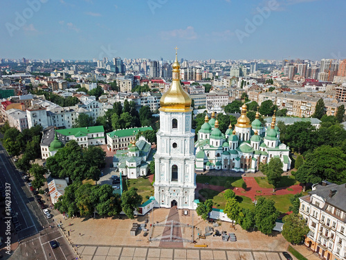Aerial drone view. St. Sophia Church in Kyiv on a clear day.